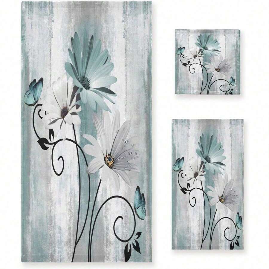 Bath Towels Set Farm Teal Floral Flowers On Country Wooden 3 Piece Towel Set1 Luxury Bath Towel 1 Hand Towel 1 Washcloth Soft Absorbent Drative Bathroom Kitchen Towels-CBETCL - Multicolor - View 1