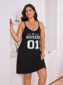 New Plus Size Women's Sexy Casual Pajamas - Solid Color Letter V-Neck Plus Size Suspender Robe Vest Sleeveless Nightgown Simple Casual Home Clothes Suitable For Valentine's Day Gifts, Letter, Crown Pattern Printed Pajamas - Black - View 5