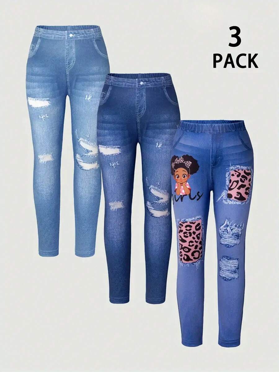 Girls Cute Cartoon Girl Pattern Digital Print Faux Ripped Denim Effect Casual Leggings, Spring/Summer/Autumn - Multicolor - View 1