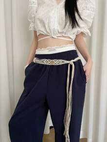 1pc Beige Handmade Beaded Waist Rope For Women, Made Of Polyester - Beige - View 1