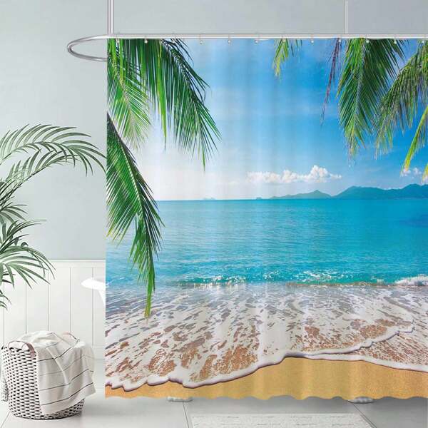 Rideau de douche tropical de plage, décoration d'automne, scène maritime d'île de palmiers, accessoires de salle de bain, rideaux de douche et de baignoire durables, décorations de retour à l'école