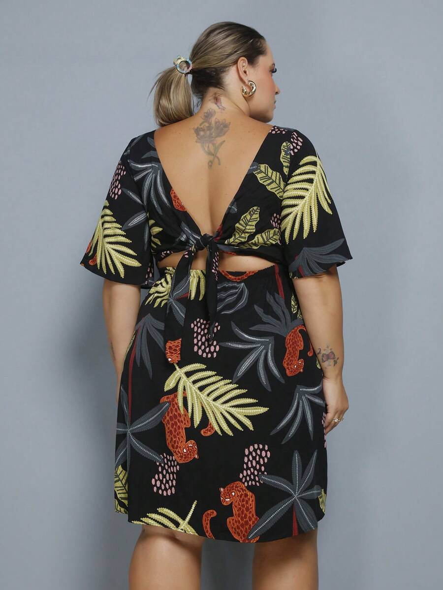 Women's Plus Size Printed Short Dress - Preta EST - Ver 1