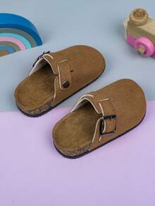 时尚百搭透气一脚蹬平底女童拖鞋，耐磨 - 卡其色 - 查看 4