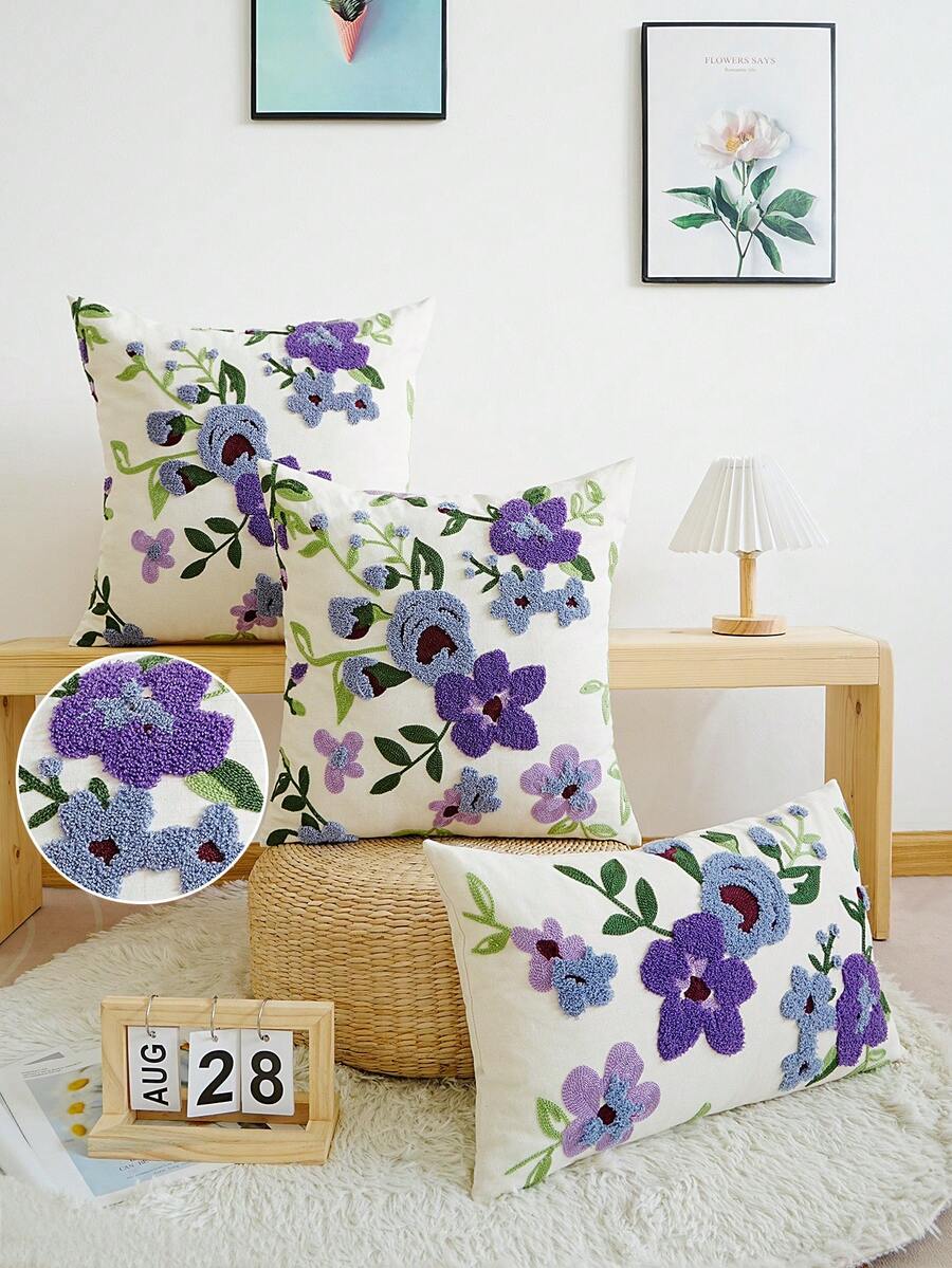 1pc Purple Flower Embroidered Cushion Pillowcase, Versatile For Multi Room Decoration, Machine Washable, Zipper Closure, No Pillow Core Pillows Bedding Pillow Case Bed Home Decor Bedroom Decor Cushion Covers Cushion Cover Cushions Pillow Cases