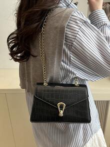 Crocodile Texture Mini Square Shoulder Bag, Minimalist Trapezoid Crossbody Bag With Chain Strap, Versatile - Black - View 6