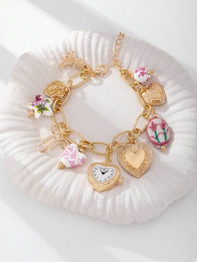 1pc Handmade Tulip Floral Porcelain Charm Bracelet, Faux Watch Style, Boho Jewelry With Heart, Cowboy Boot & Locket Charms, Randomized Colors & Patterns
