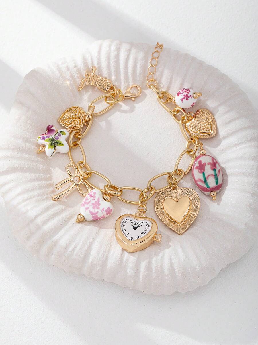 1pc Handmade Tulip Floral Porcelain Charm Bracelet, Faux Watch Style, Boho Jewelry With Heart, Cowboy Boot & Locket Charms, Randomized Colors & Patterns