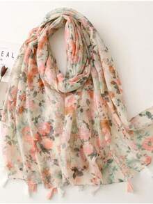 1pc Women's Pink Romantic Floral Linen Tassel Casual Scarf, Lightweight Head Wrap, Travel Beach Shawl, Gift - S20535 Orange - View 1