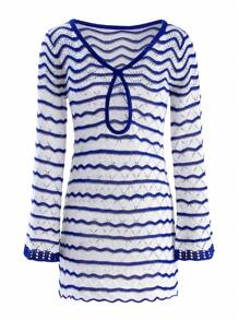 Sexy Striped Chic V-Neck Cut Out Bell Sleeve Knit Mini A-Line Dress 2025 Summer Women Seaside Holiday Swimsuit Cover Up
