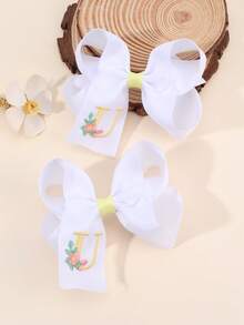 2 piezas Clips para el cabello con bordado floral lindo de 26 letras y lazo, accesorios para el cabello tipo pato para niñas, adecuados para decoración diaria - Multicolor - Ver 20