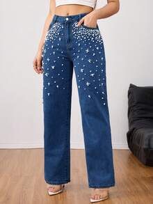 Elegant Heavy Pearl Embellished Washed Straight Leg Jeans – Luxurious & Stylish Women's Denim Pants - Rửa tối - Xem 5