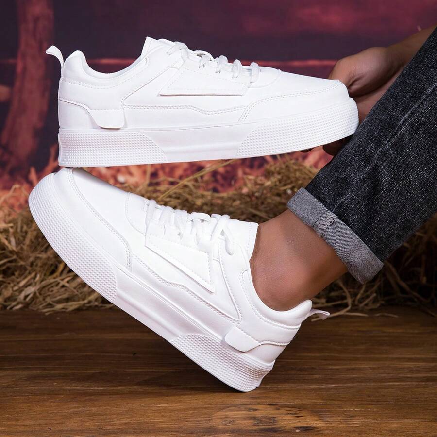 أحذية بكعب سميك أبيض للرجال عصرية، من مادة EVA مقاومة للطي والبلى، ألوان سادة للرياضة والمشي اليومي للشباب والطلاب، أحذية رياضية وسكيت بورد منخفضة الأعلى بأربطة