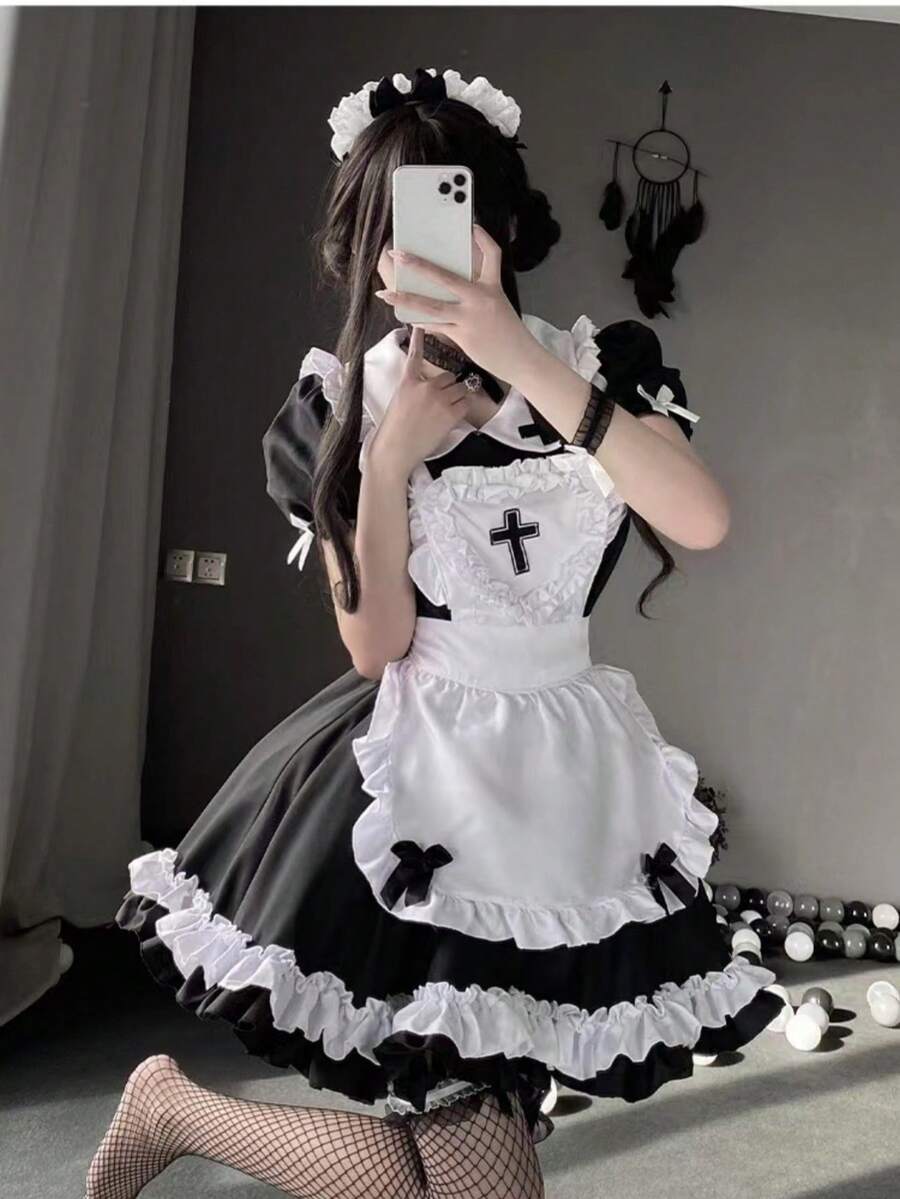 一件可爱甜美女仆蕾丝缎面蝴蝶结双色连衣裙，适合角色扮演、舞台表演、节日派对、休闲穿着、万圣节、派对礼服 - 彩色 - 查看 1