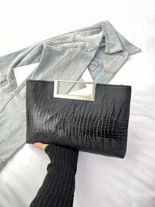 Fashionable Solid Color PU Flap Envelope Clutch Bag, High-Quality Crocodile Texture Pattern, Elegant Niche Design, Casual Minimalist, Multi-Functional - Black - View 9