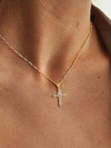 1pc Cross Necklace For Women,14K Gold Plated Cross Pendant Necklace Dainty Gold Cross Necklaces For Women Small Cross Charm Necklace Simple Cute Choker Necklaces Gold Jewery - 金色 - 查看 1