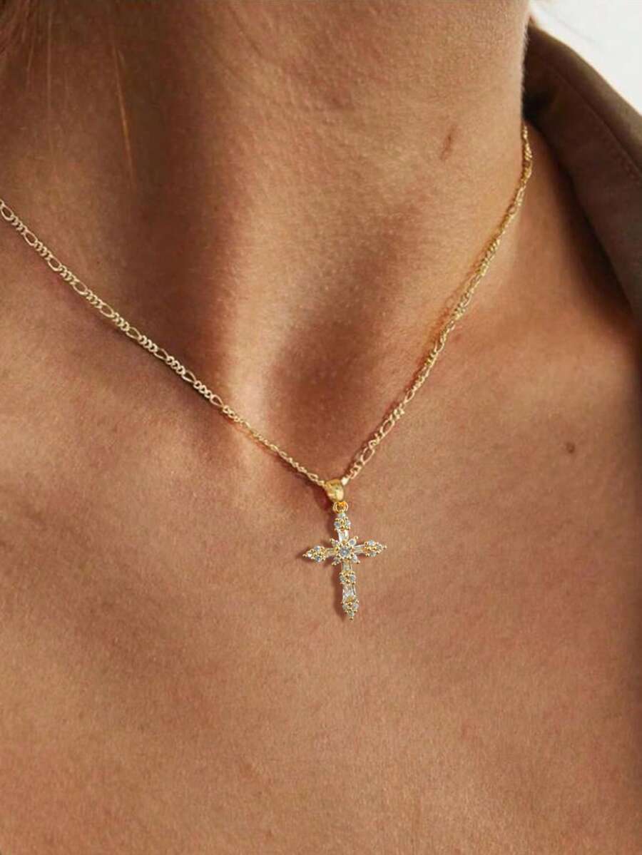 1pc Cross Necklace For Women,14K Gold Plated Cross Pendant Necklace Dainty Gold Cross Necklaces For Women Small Cross Charm Necklace Simple Cute Choker Necklaces Gold Jewery - 金色 - 查看 1