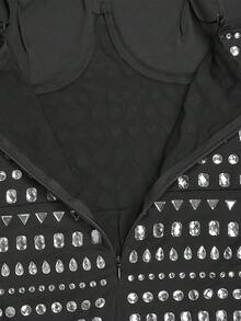 夏季时尚性感女式闪亮水钻吊带长款正式连体裤生日派对 - 黑色 - 查看 10