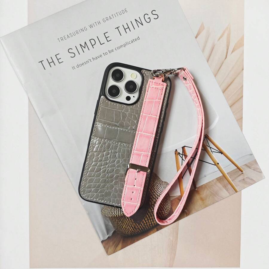 Crocodile Pattern Fashion Multi-Color Compatible With IPhone 13 Pro Max/14 Pro/14 Card Holder Phone Case | Wrist Strap Stand + Lanyard | Full Edge Drop Protection | Card Slot Portable Design Waterproof Shockproof Anti-Fall Scratch Resistant