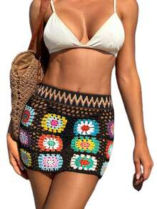 Hand - Crocheted Women's Flower - Block Skirt - Black - View 5