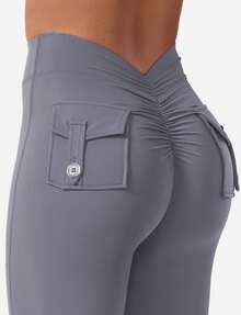 YEOREO Leggings With Pockets For Women V Back Scrunch Workout Leggings Tummy Control Butt Lifting Gym Yoga Leggings Yoga Pants For Women Winter Clothes For Women Black Pants - 藍灰 - 查看 6