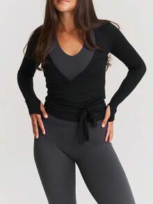 Women Yoga Workout Crop Tops Y2k Solid Color Wrap Tie-Up Front V-Neck Long Sleeve Slim Fit T-Shirts Bottoming Shirt Seamless Fitness Tops Going Out Blouse Ballet Athletic Tops Casual Streetwear