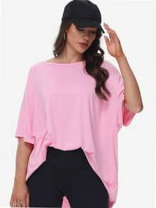 QUEENTI Women's Oversized T Shirt Loose Fit Round Neck Short Sleeve Top Summer Casual Shirt Basic Tee - Hồng - Xem 3