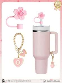 2pcs/Set Accessories For 30-40oz Cups, Pink Letter Cup Marker And Silicone Fuchsia Flower Straw Lid, Silicone Anti-Slip Protective Cover, Reusable 10mm Thick Straw Lid, Cute Letter Decor Fits Modern Minimalist Glass Cups, Back To School Supplies