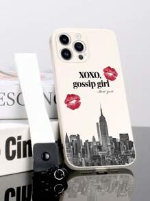 1pc White TPU Lip Print New York Pattern Shockproof Phone Case And 1pc White Lanyard Wrist Strap Compatible With IPhone/Android Phones, Including IPhone 16 Pro Max, A14, A54, A52, A31 4G, A23, Redmi Note 8 Pro, Redmi Note 11 Pro 4G, Redmi Note 12 4G, OPPO A54