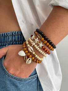 6pcs Boho Ocean Style Coconut Shell Beaded Bracelet Set, Starfish & Shell Pendant, Charming Jewelry For Men Beach Party Vacation