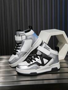 1 Đôi Giày Thể Thao Cổ Cao Cho Trẻ Em, Thân Giày Bằng Da PU, Giày Chạy Bộ Trong Nhà/Ngoài Trời, Khóa Dán Dễ Mặc, Nhẹ, Chống Trượt, Thoáng Khí, Thoải Mái, Thời Trang Unisex Retro Chunky Patchwork - Bạc - Xem 4