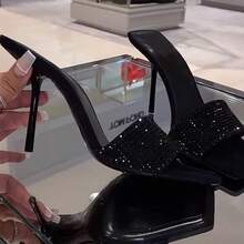 Women's Black Square - Toe Sandals With Rhinestones And One - Strap, High Heel, Summer Slides - Black - View 3