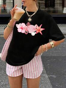 Maglietta casual ampia donna a maniche corte con scollo rotondo, stampa di fiori, cavalluccio marino, perle e stelle, adatta per primavera/estate, regalo di compleanno