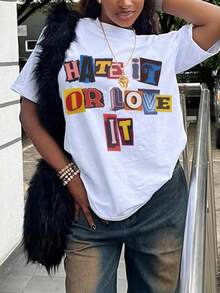 Plus Size Women T-Shirts,Hate It Or Love It ,(1 Pcs )100% Cotton Casual Printed T-Shirt,Crew Neck Short Sleeve,220g  Cotton T-Shirt,For Going Out,Gift,Summer,Unisex - trắng - Xem 1