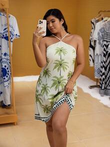 Plus Size Women's Floral Print Halter Neck Sleeveless Dress, Random Print - Multicolor - View 2