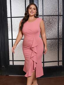 Fuaheng Plus Size Ruffle Hem Fitted Sleeveless Bodycon Dress With Ruched Front Design, Party Dress, Wedding Guest Cocktail Dress - Pink - View 5