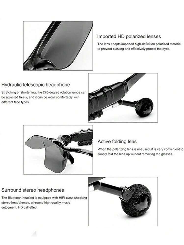 Fones de Ouvido Bluetooth Sem Fio com Ativação por Voz, Óculos Inteligentes Polarizados, Fones de Ouvido com Microfone Embutido para Homens e Mulheres, Adequado para Esportes, Direção, Corrida - Preto - Visão 8