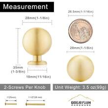 10-Pack Solid Brass Cabinet Knobs, Round Ball Gold Knobs For Dresser Drawer, 1.1-Inch Diameter, Sphere Cabinet Pulls, Brushed Brass Finish - 2-Pack - View 3