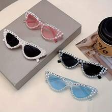 1 Pair Women's New Full Frame Cat Eye Style Glasses Fashion 'Birthday Queen' Letter Frame Retro White Glasses Artificial Pearl Decoration Multi-Color Unique Glasses Suitable For Birthday Party - 黑灰色 - 查看 9