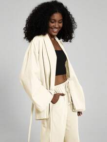 Women's Solid Color Casual Kimono Style Belted Cardigan And Pants Two Pieces Set - Beige - View 4