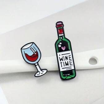 2pcs Enamel Wine Bottle & Glass Collar Pins - Fashion Accessories Brooch For Wine Lovers, Cartoon Creative Alloy Wine Glass Letter Pins, Clothing Decoration Badges, Niche Metal Badges, Ins Fashion Multifunctional Decorations, Buckles, Bags, Pins Accessories