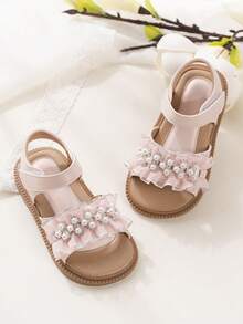 Girls' Pearl Lace PU Pink Sandals, Summer New Party Cute Princess Shoes, Soft Non-Slip Open Toe, Suitable For Party, Wedding, Casual And Daily Wear
