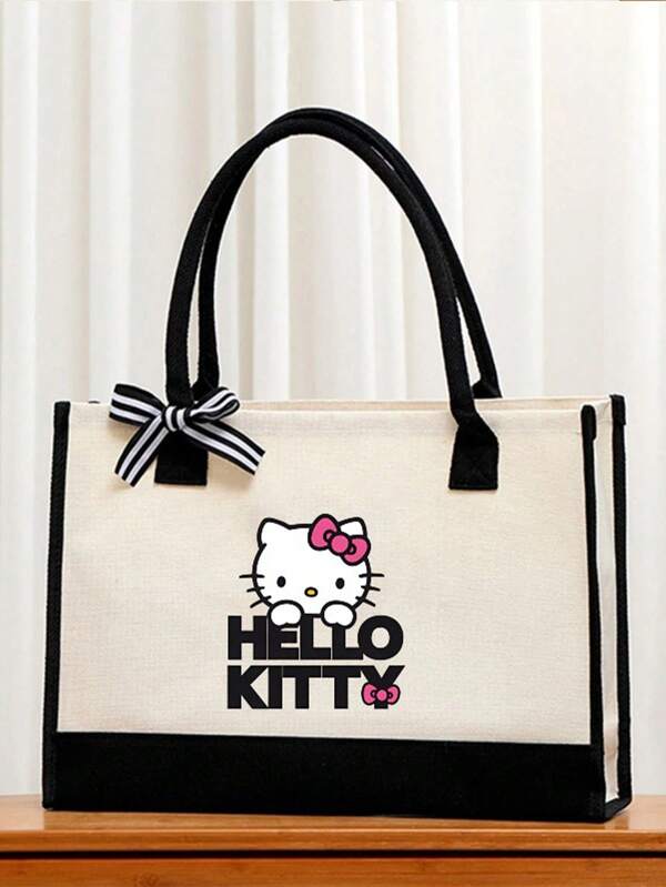 Sanrio 1 pieza Bolso de lona con decoración de moño de Kitty personaje de Sanrio, adecuado para compras o comestibles