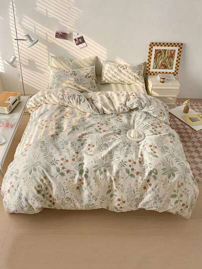 3pcs Floral & Leaf Pattern Duvet Cover Set (1 Duvet Cover And 2 Pillow Shams), Soft And Skin-Friendly, Suitable For All Seasons, Ideal For Home Use.