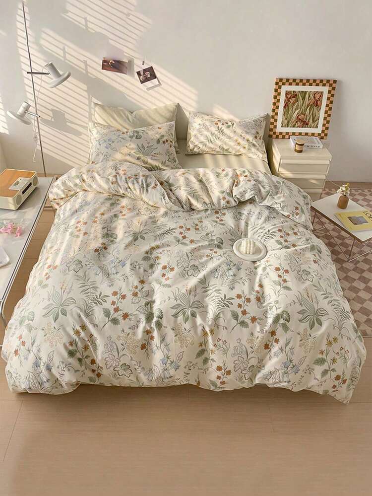 3pcs Floral & Leaf Pattern Duvet Cover Set (1 Duvet Cover And 2 Pillow Shams), Soft And Skin-Friendly, Suitable For All Seasons, Ideal For Home Use. - Multicolor - View 1