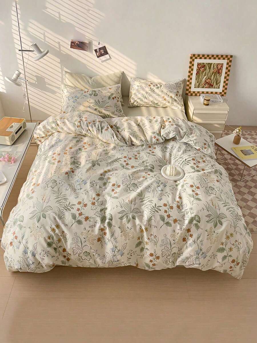 Bộ ga trải giường 3 món họa tiết hoa lá (1 ga trải giường và 2 vỏ gối), mềm mại và thân thiện với da, phù hợp cho mọi mùa, lý tưởng để sử dụng trong gia đình. - Nhiều màu - Xem 1