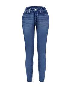 Plus Size Solid Color Washed Cat Beard Pattern Fake Flip Hole Personality Back Pocket Imitation Old Jeans Ladies High Waist Slim Version Commuter Joker Four Seasons Plus Size Jeans. - 淺色水洗藍 - 查看 4