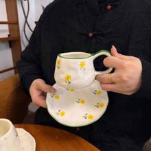 1 pieza Juego de taza de café y platillo de cerámica vintage hecho a mano, taza y plato con pintura a mano estilo coreano Ins, adecuado para mug de latte y plato de postre, excelente para San Valentín, Día de la Madre, regalo conmemorativo de pareja, regalo de graduación de vuelta a la escuela