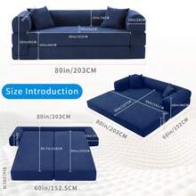 Compression Sofa - Convertible Floor Foldable Sofa Bed - With 2 Pillows, Corduroy, Queen Size - Blue - View 7