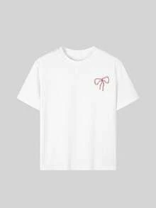 Sweet Bow Artistic Style Short Sleeve T-Shirt, Inspiring Imagination And Self-Expression! Girls & Kids Casual Printed Round Neck Tee, Summer Top - White - View 5