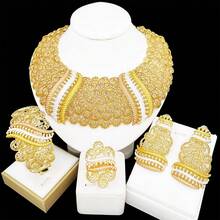 High Quality Classic Design Gold Plated Jewelry Set For Women Tricolor Necklace Earrings Bangle And Ring For Wedding Party Gift Or Daily Wear